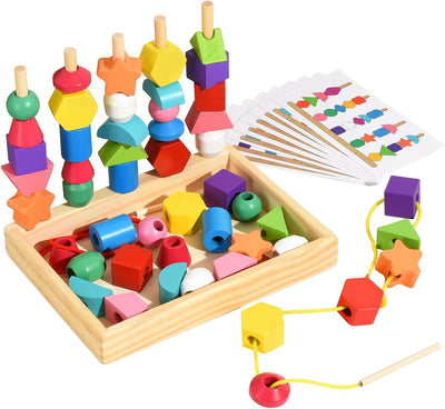 Fidtoy Montessori Shape Matching Game Wooden Sequencing and Threading Toy for Toddlers