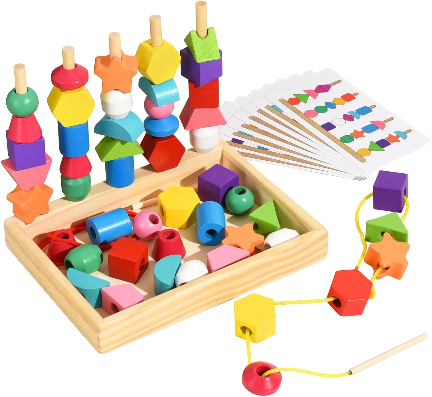 Fidtoy Montessori Shape Matching Game Wooden Sequencing and Threading Toy for Toddlers