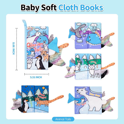 Jollybaby Baby Cloth Books, Touch & Feel Crinkle Soft Books, for Infants Babies, Toddler Early Educational Interactive Stroller Toys, Baby Girl & Boy Gift(Glacier Tails)