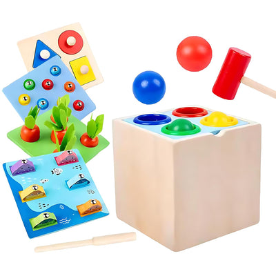 Fidtoy Montessori Wooden 5-in-1 Activity Toy – Shape Sorting, Hammer Ball, Fishing & Fine Motor Learning Set