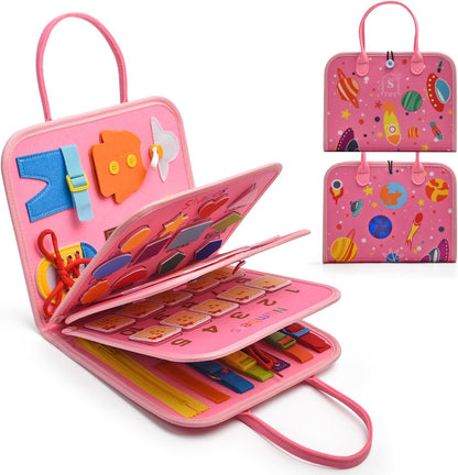 Montessori Busy Board for Toddlers 3-5 Years Old - Learning Activities for Travel, Road Trip - Educational Toys Sensory With Life Skills, Alphabet, Animals, Shapes