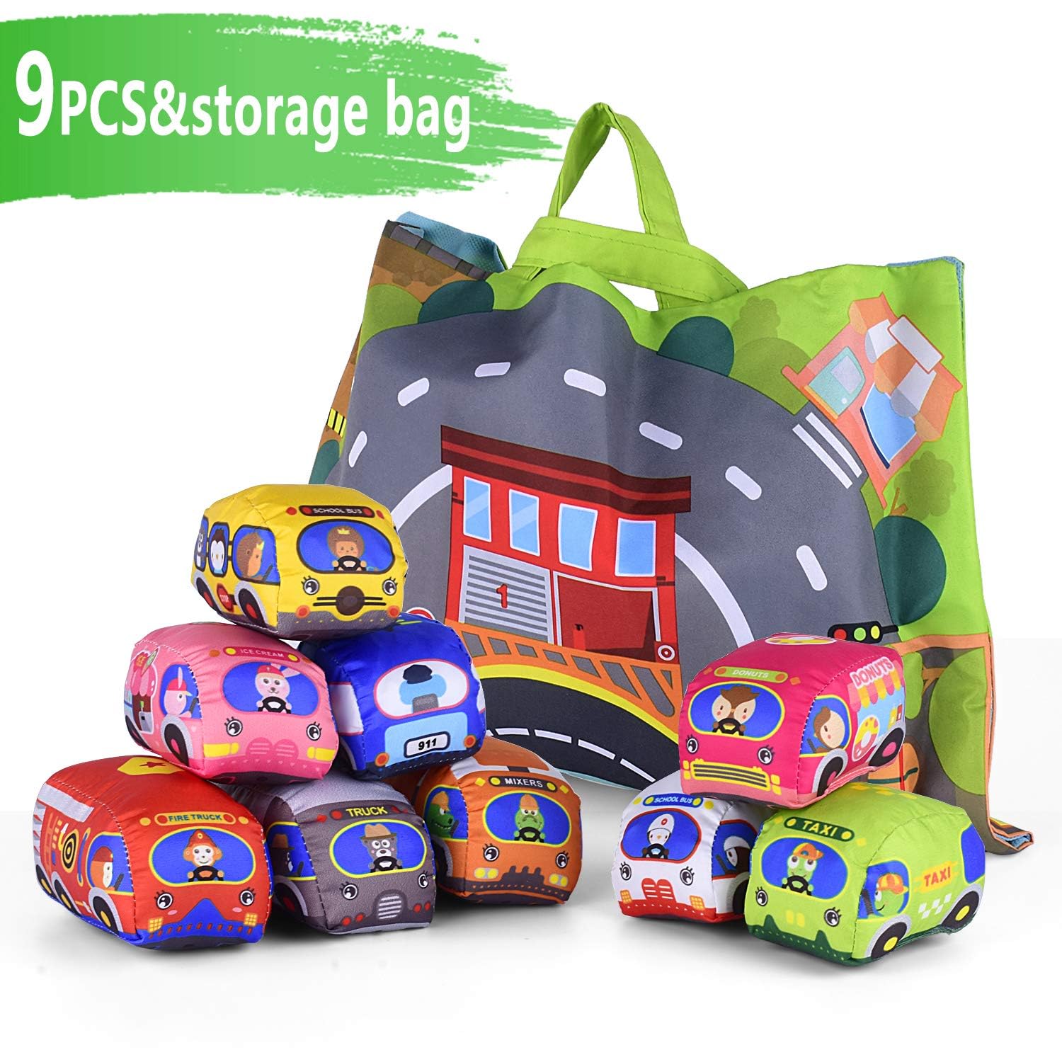Fidtoy Soft Fabric Car Play Mat Set for Babies – 9-Piece Plush Vehicle Toy Set with Foldable Road Mat, Storage Bag, Crinkle Sounds, and Sensory Play