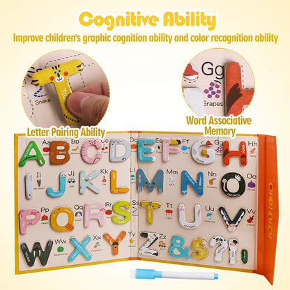 JCREN Jumbo Magnetic Animails Alphabet Uppercase Letters with Drawing Board,Fridge Wooden Magnets Sticks,ABCs, Early Letter Recognition,Learning Spelling Refrigerator for Toddler Kids Boy Girl