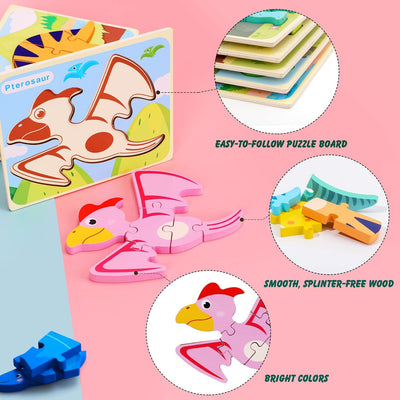 Jeu de Puzzles en Bois de Dinosaures Fidtoy pour Enfants, Jouet d'Apprentissage Précoce