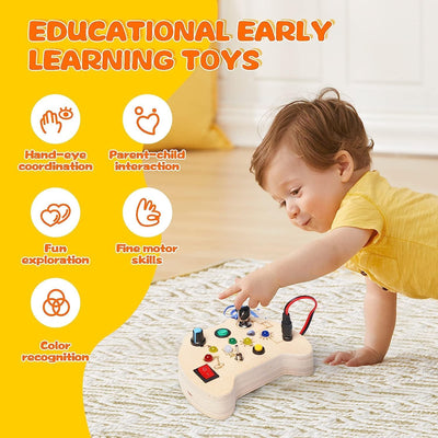 Montessori Toddler Busy Board, Baby Wooden Busy Board with 7 LED Lights Toggle Sensory Switches, Educational Travel Development Toy Gift for 3+ Year Old Babies Toddlers Autistic Children