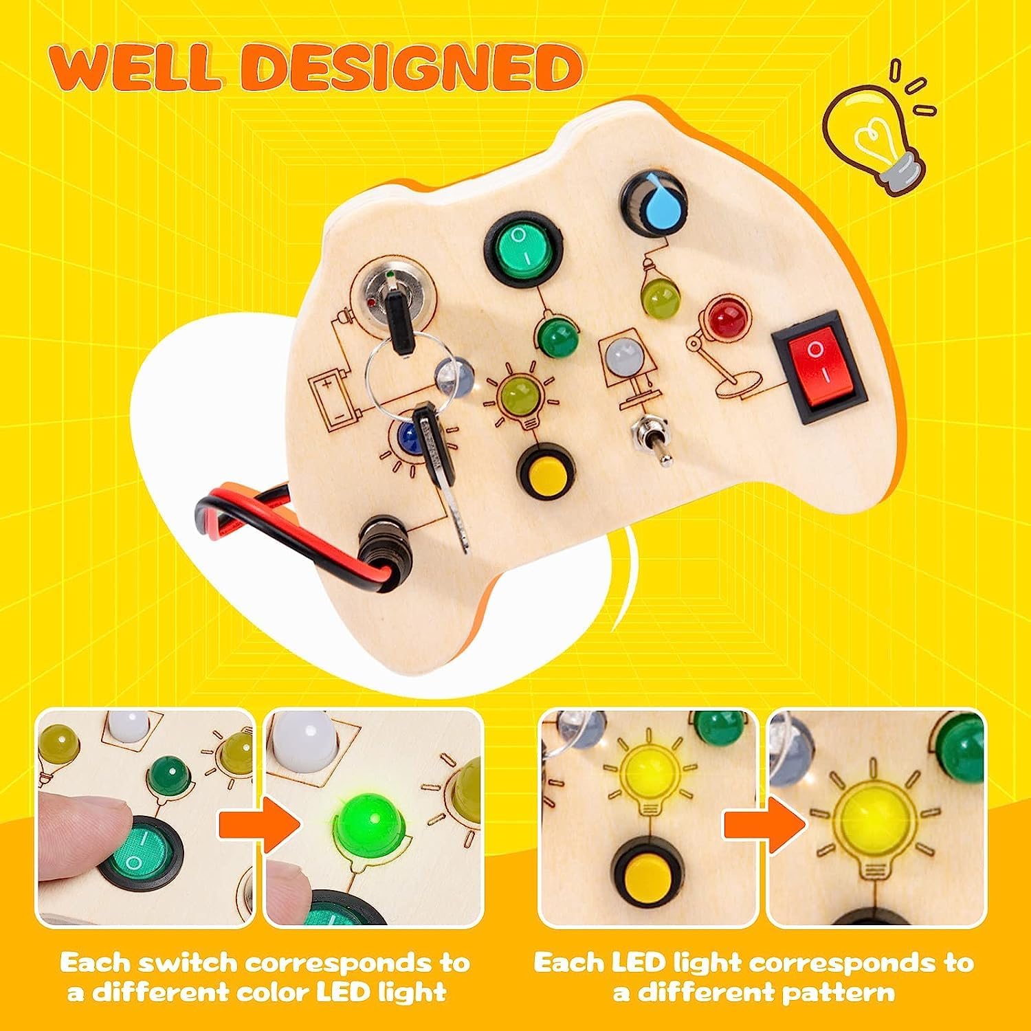 Montessori Toddler Busy Board, Baby Wooden Busy Board with 7 LED Lights Toggle Sensory Switches, Educational Travel Development Toy Gift for 3+ Year Old Babies Toddlers Autistic Children