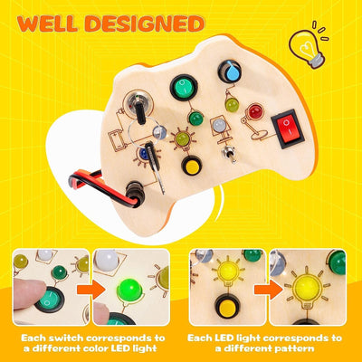 Montessori Toddler Busy Board, Baby Wooden Busy Board with 7 LED Lights Toggle Sensory Switches, Educational Travel Development Toy Gift for 3+ Year Old Babies Toddlers Autistic Children