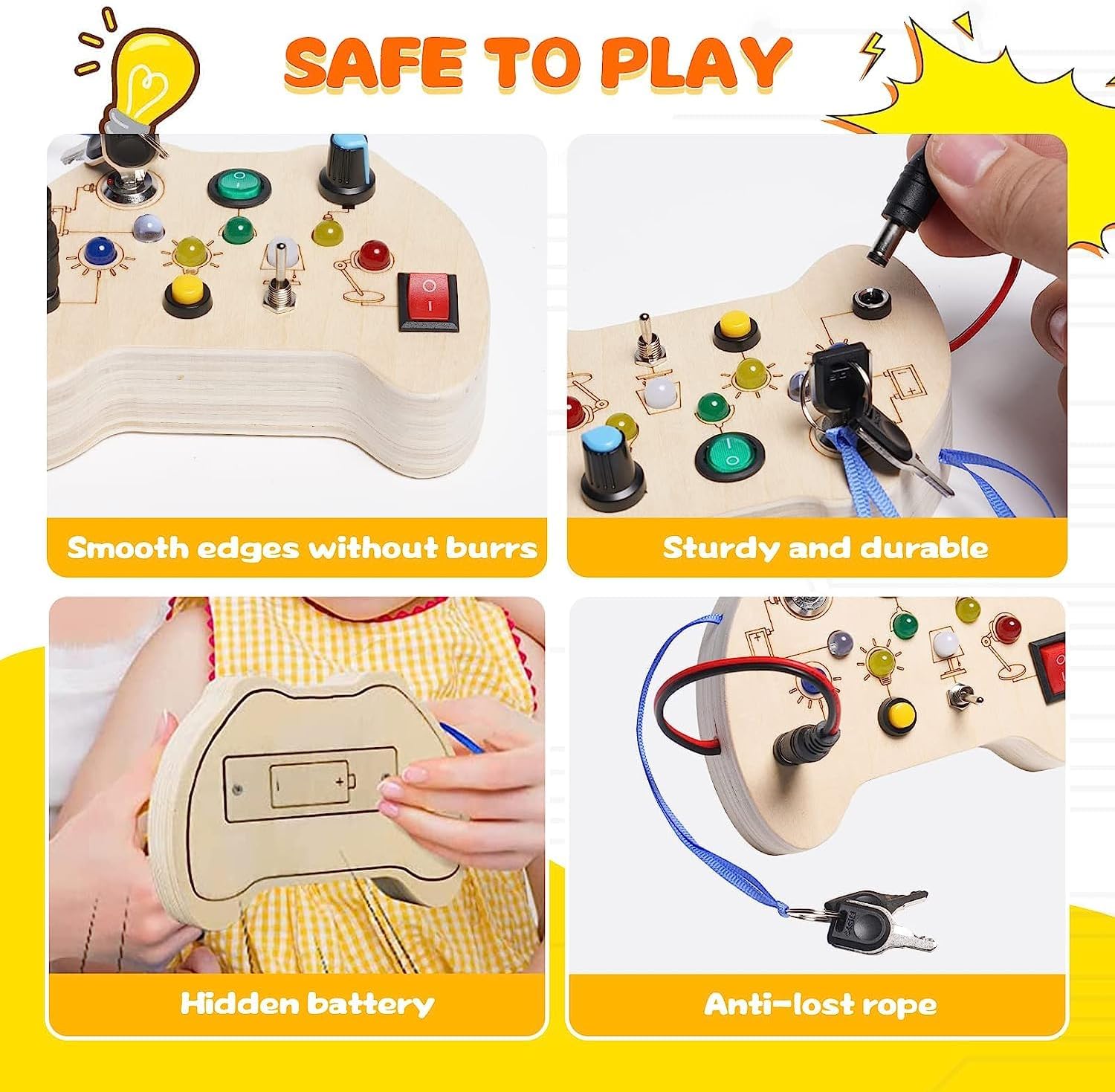 Montessori Toddler Busy Board, Baby Wooden Busy Board with 7 LED Lights Toggle Sensory Switches, Educational Travel Development Toy Gift for 3+ Year Old Babies Toddlers Autistic Children