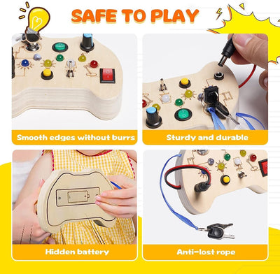 Montessori Toddler Busy Board, Baby Wooden Busy Board with 7 LED Lights Toggle Sensory Switches, Educational Travel Development Toy Gift for 3+ Year Old Babies Toddlers Autistic Children