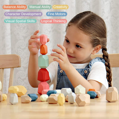 Jouet de construction en bois Montessori en forme de galets colorés (Coordination et Concentration)