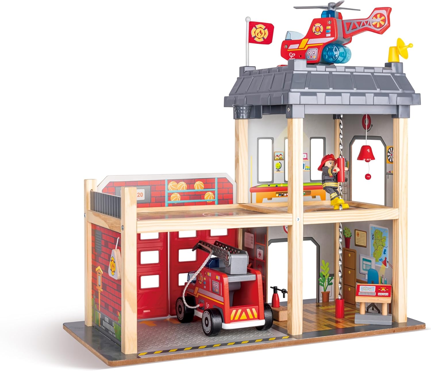 Fidtoy Wooden Fire Station Toy Kids Rescue Playset with Lights Sound