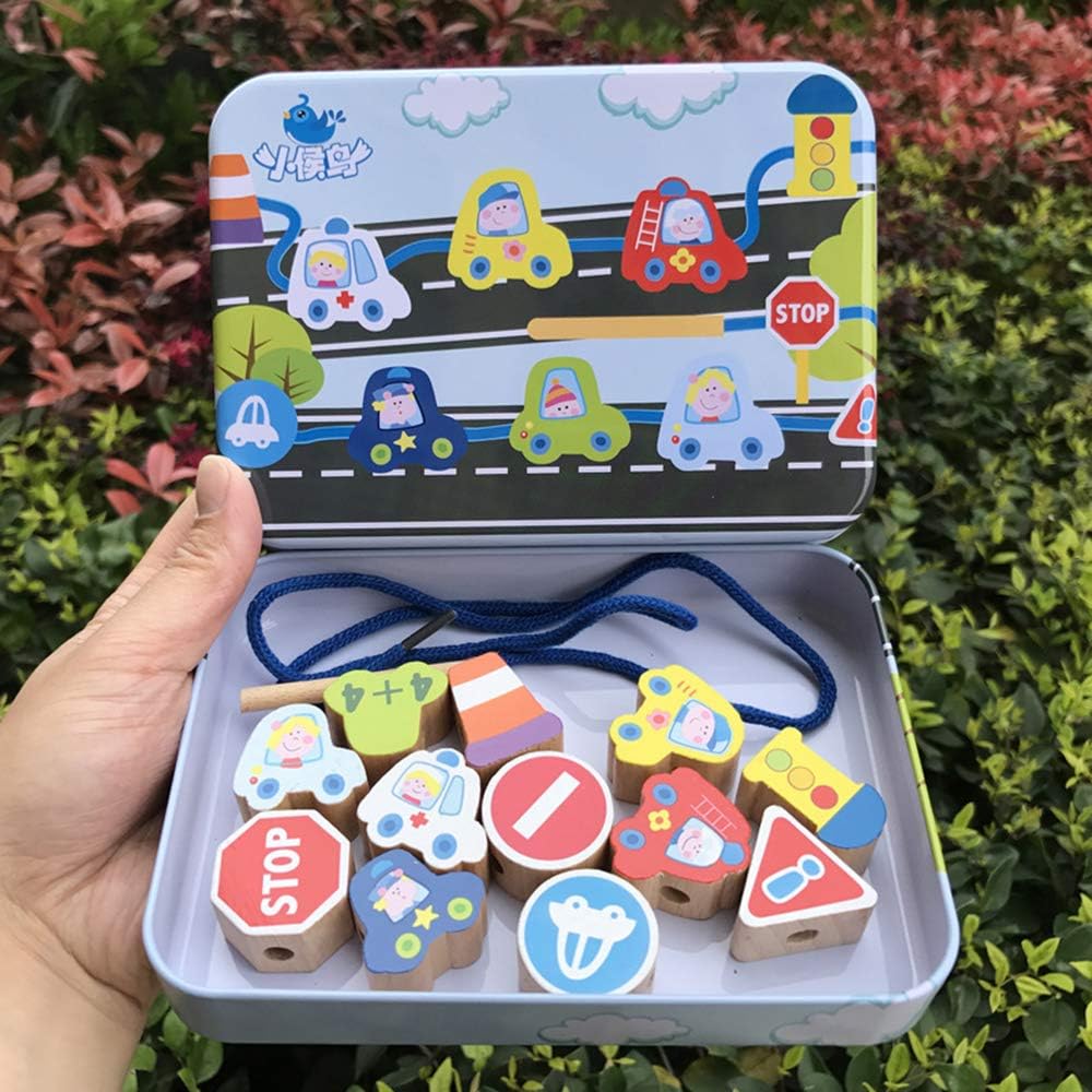 CenYouful Lacing Toy Wooden Block Set, Early Educational Toys String & Lacing Beads Games for Toddlers & Kids, 12 Pieces (Traffic Tools)