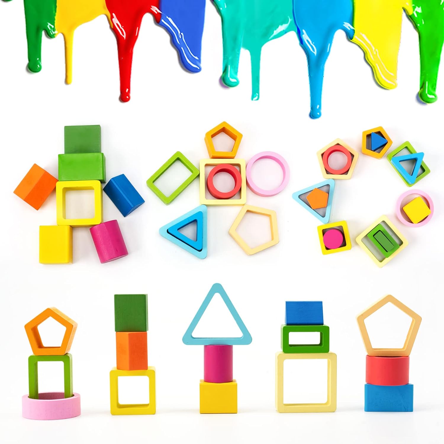 Fidtoy Wooden Shapes Sorting Game Montessori Shape Sorter Toy for Toddlers