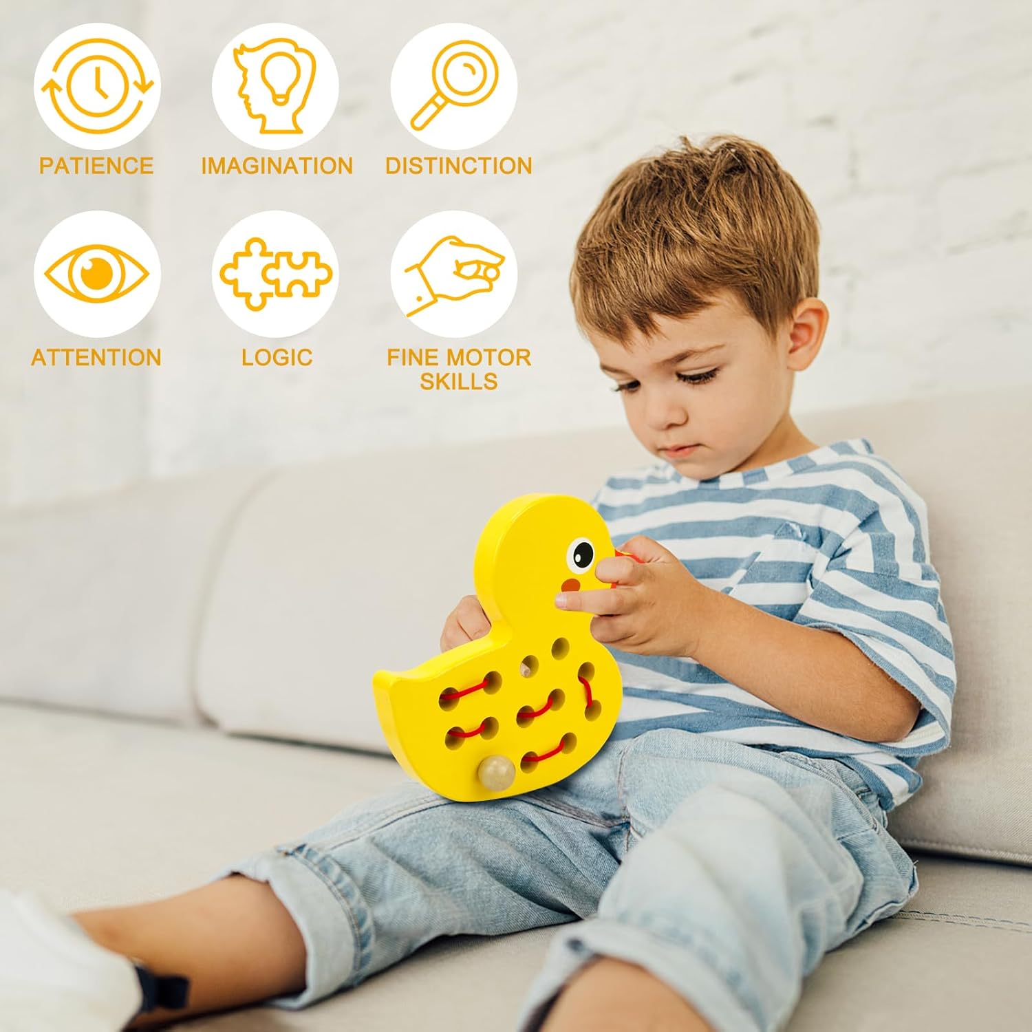 Sealive Wooden Lacing Toys for Toddlers - Fun and Educational Threading Set | Develop Fine Motor Skills | Durable Montessori Toy for Travel (Duck)