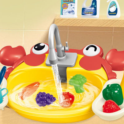 Fidtoy Cute Animal Kitchen Water Sink Pretend Play Set with Running Water Faucet for Kids Ages 3-8, Interactive Kitchen Role Play Toy with Fruits, Vegetables & Draining Basket