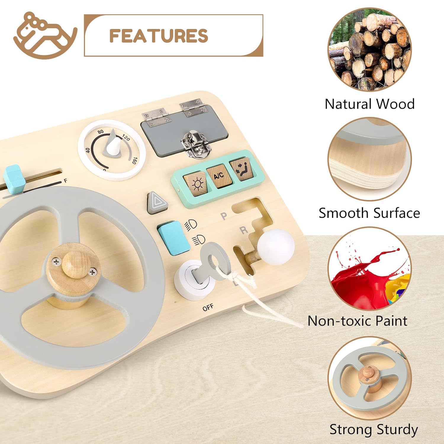 Woodtoe Busy Board for Toddlers, Montessori Steering Wheel Driving Toy, Wooden Sensory Toys, Preschool Learning Activities for Fine Motor Skills Travel, Educational Learning Toy for Kids 3-6 Years Old