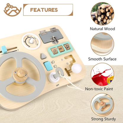 Woodtoe Busy Board for Toddlers, Montessori Steering Wheel Driving Toy, Wooden Sensory Toys, Preschool Learning Activities for Fine Motor Skills Travel, Educational Learning Toy for Kids 3-6 Years Old