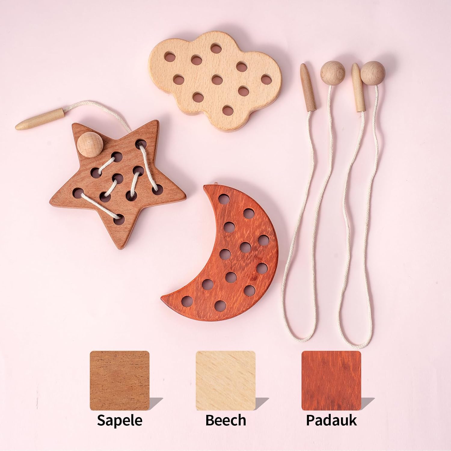 FlameFlash Wooden Lacing Toys for Toddlers 1-3 Solid Wood Threading Toys, Moon/Stars/Cloud Quiet Toddler Toys for Airplane Travel Fine Motor Skills Sensory Toys for 2 3 4 Year Old (Natural Wood)