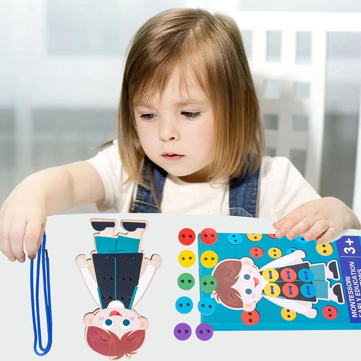 costura botão – Roupas madeira para crianças – Brinquedo Montessori Jogo fio habilidamotora fina para pré-escola desenvolvimento precoce e educação Xuany