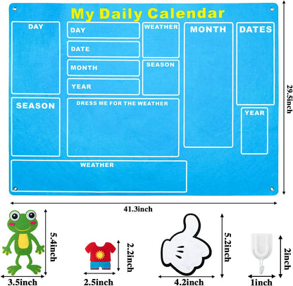 WATINC My First Daily Calendar Felt-Board for Kids 3.5Ft 70Pcs All About Today Funky Frog Weather Season Chart Days of The Week Circle Time Bulletin Board Preschool Early Learning Play Kit for Wall