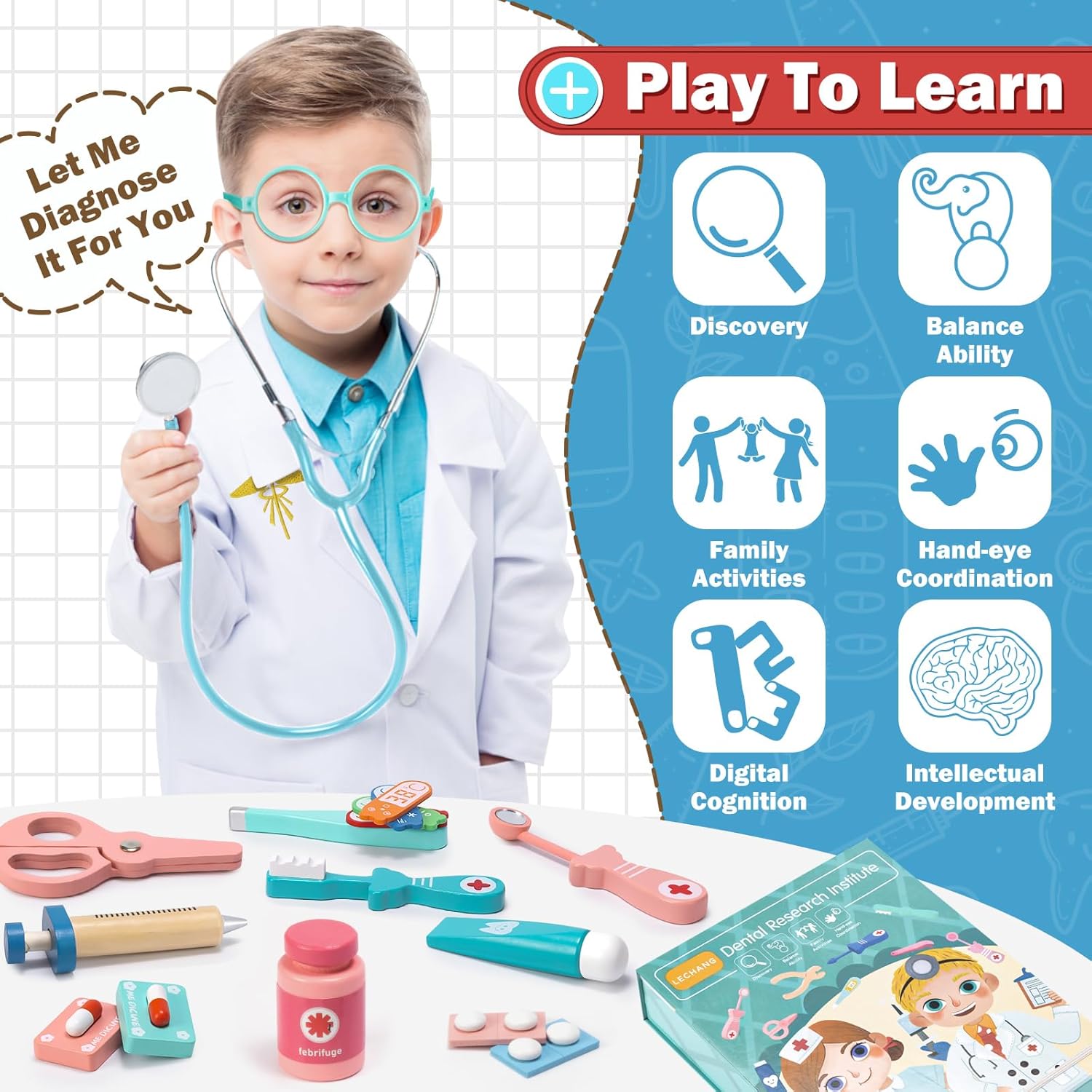 Fidtoy Wooden Doctor Playset 18 PCS Pretend Play Medical Toy