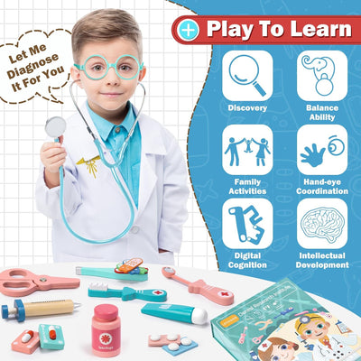 Fidtoy Wooden Doctor Playset 18 PCS Pretend Play Medical Toy