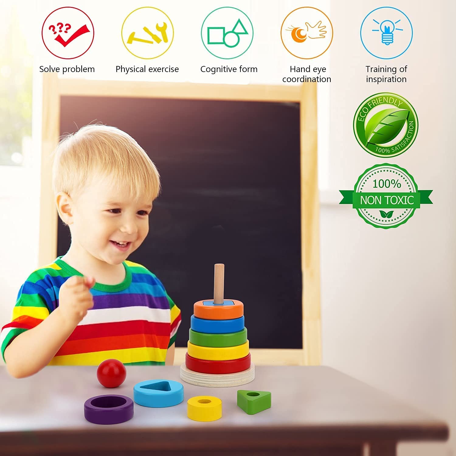 Fidtoy Wooden Rainbow Stacking Ring Tower for Toddlers Montessori Learning Toy for Quiet Time Home Play Color Sorting Fine Motor Skill Development Educational Toy