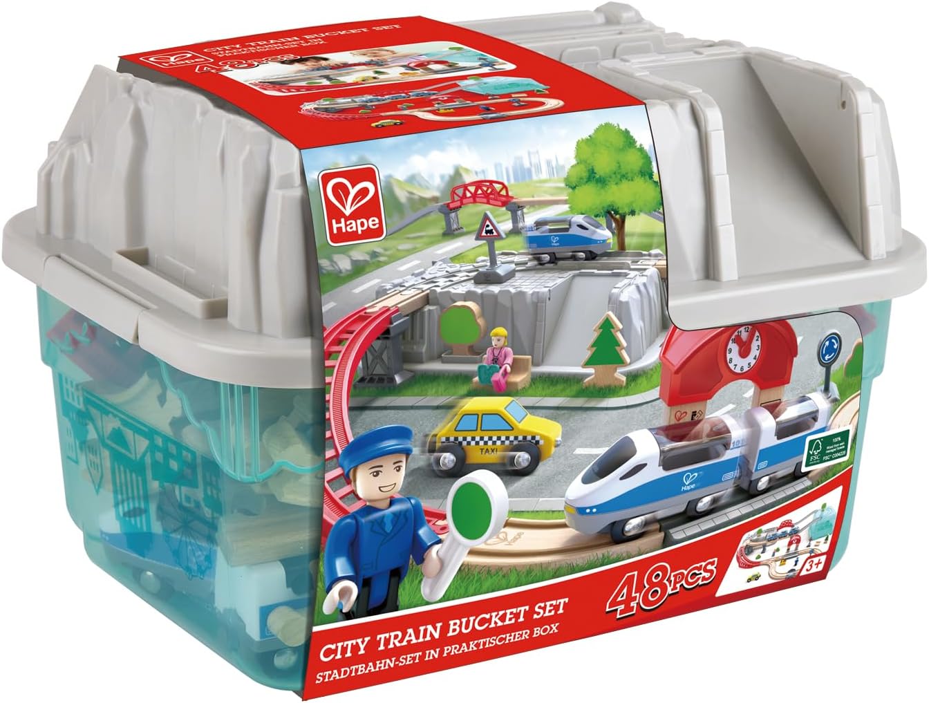 Fidtoy Wooden City Train Set with Storage Bucket Railway Toy