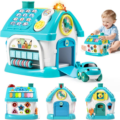 Fidtoy Dreaming Party Musical House Toddler Learning Toy 8-in-1 Musical Activity House with Piano, Clock, Phone, Animal Windows, Car, Shapes and Numbers