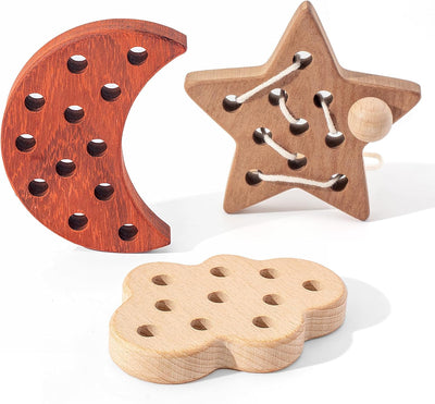 FlameFlash Wooden Lacing Toys for Toddlers 1-3 Solid Wood Threading Toys, Moon/Stars/Cloud Quiet Toddler Toys for Airplane Travel Fine Motor Skills Sensory Toys for 2 3 4 Year Old (Natural Wood)