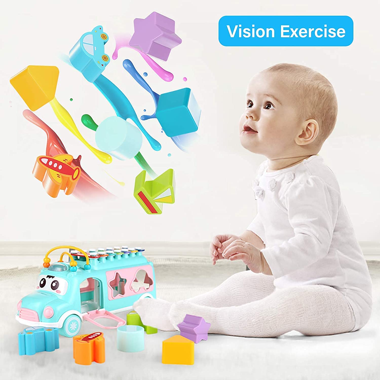 Fidtoy Xylophone School Bus Toy – Musical Shape Sorter Pull Toy for Toddlers 2–6