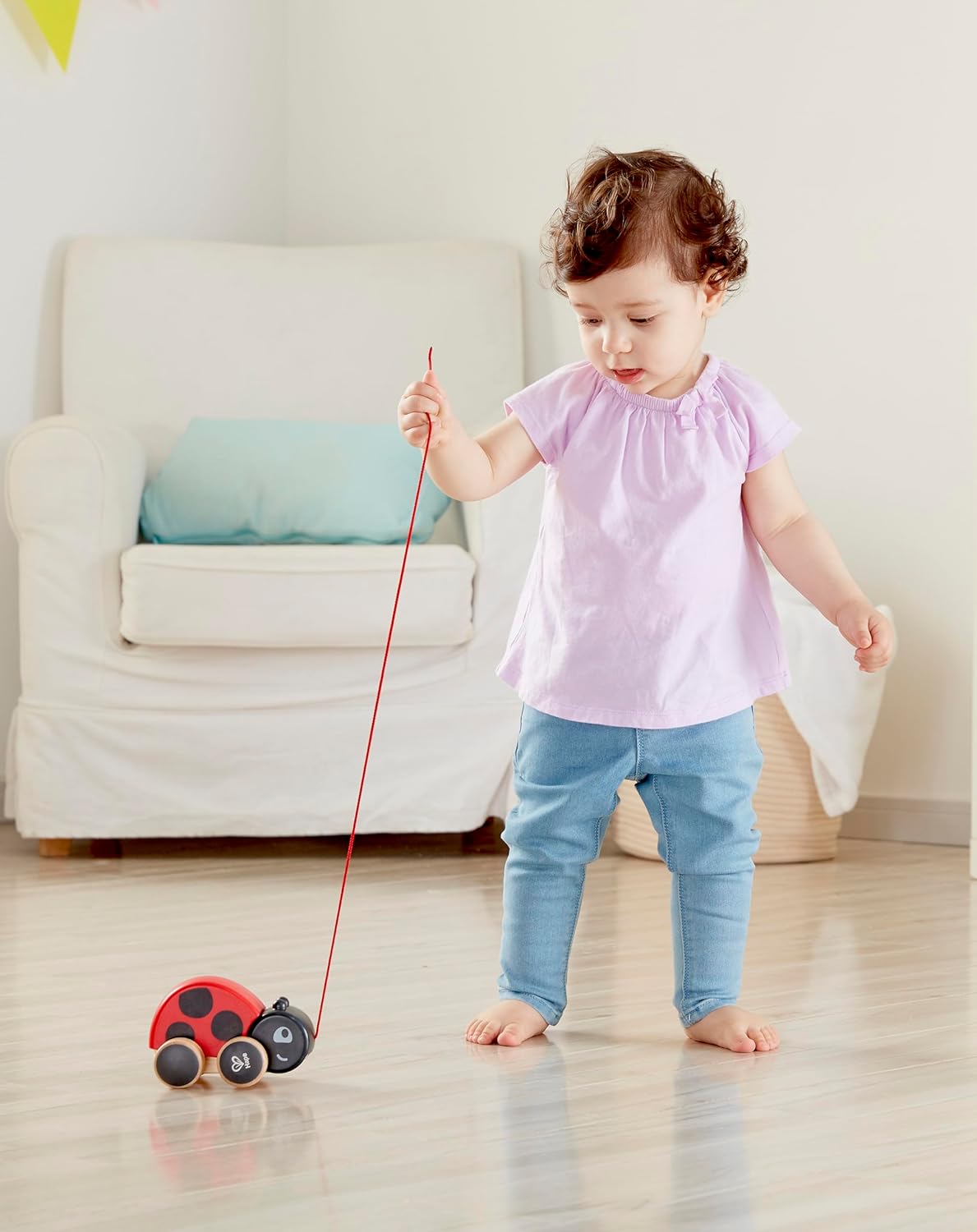 Fidtoy Ladybug Pull Along Toy Wooden Toddler Walking Toy