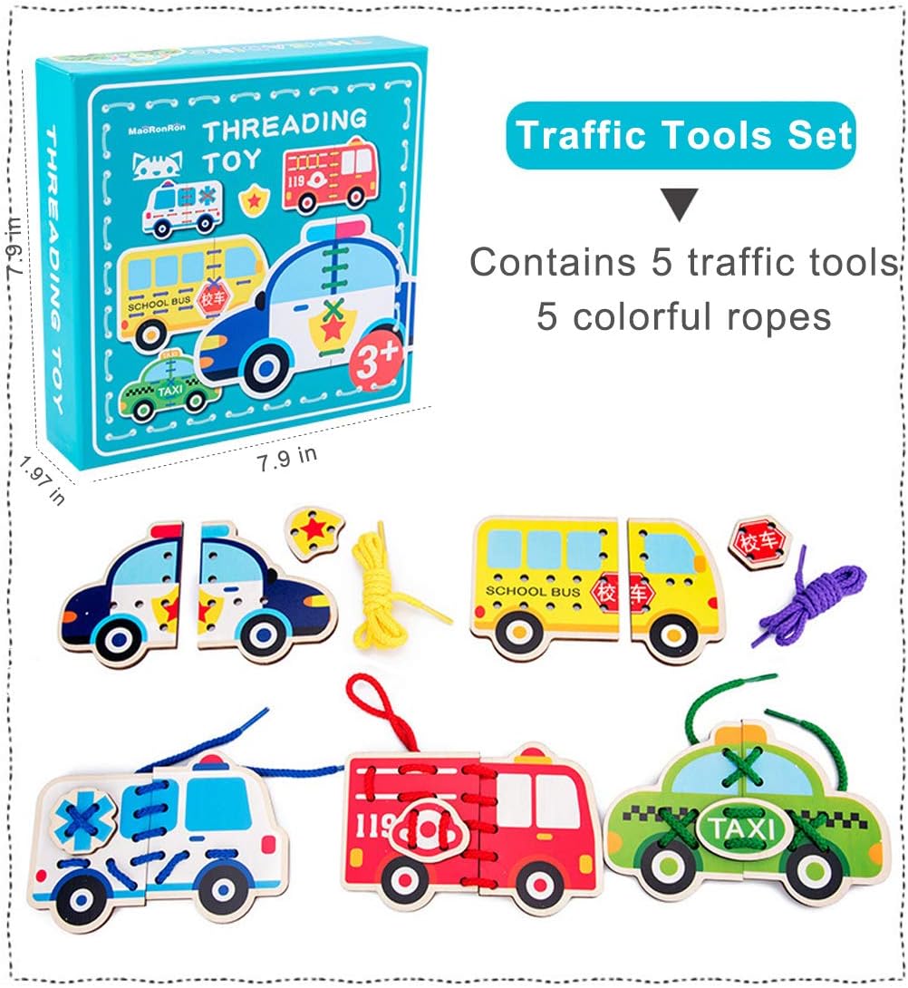 Promise Babe 5 Pack Lacing Cards Wooden Cars Block Puzzle Threading Toys Montessori Toy Sewing Cards for Toddler Educational Preschool Toys…