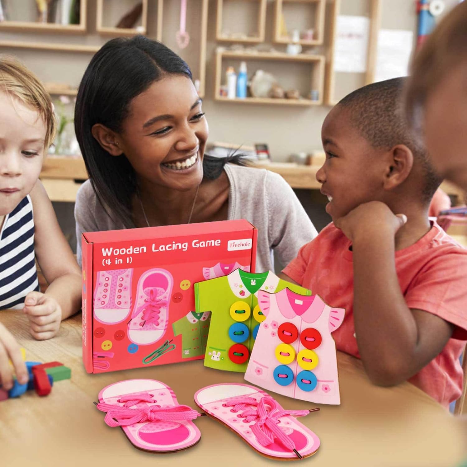 Shoe Tying Practice Toy | 4 in 1 Wooden Lacing Toy | Hand Eye Coordination Threading Toy, Educational Preschool, Girls, Kids