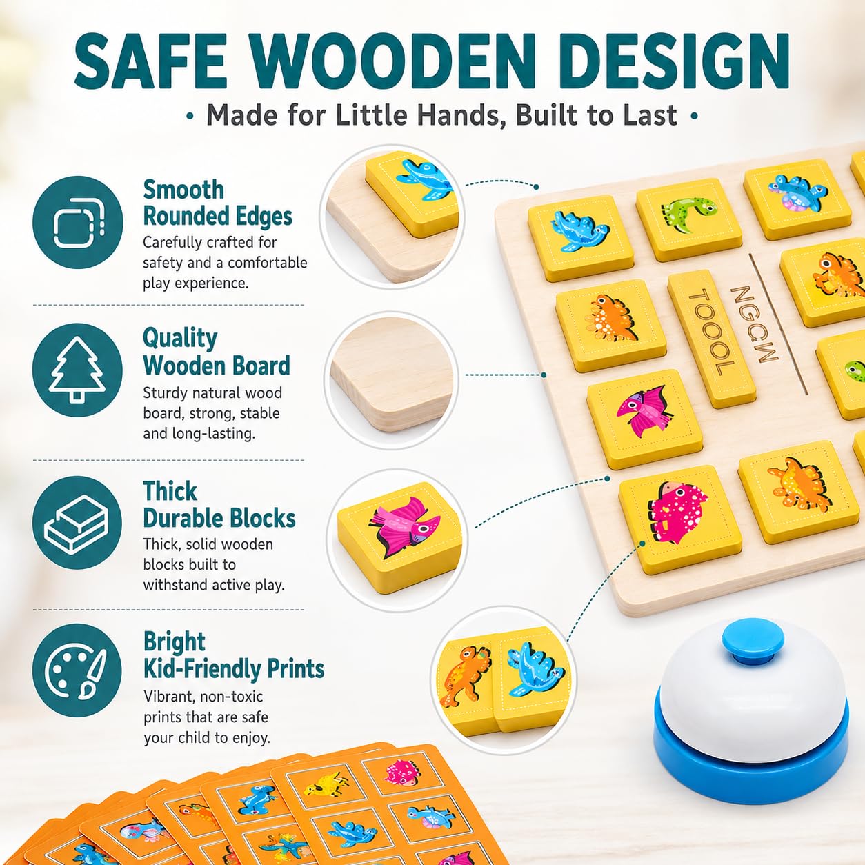Fidtoy Interactive Dinosaur and Number Matching Bell Game for Two Players Wooden Pattern Puzzle Toy