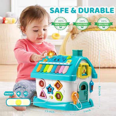 Fidtoy Dreaming Party Musical House Toddler Learning Toy 8-in-1 Musical Activity House with Piano, Clock, Phone, Animal Windows, Car, Shapes and Numbers