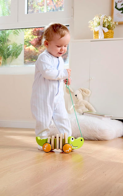 Fidtoy Crocodile Pull Along Toy Wooden Walking Toy for Toddlers