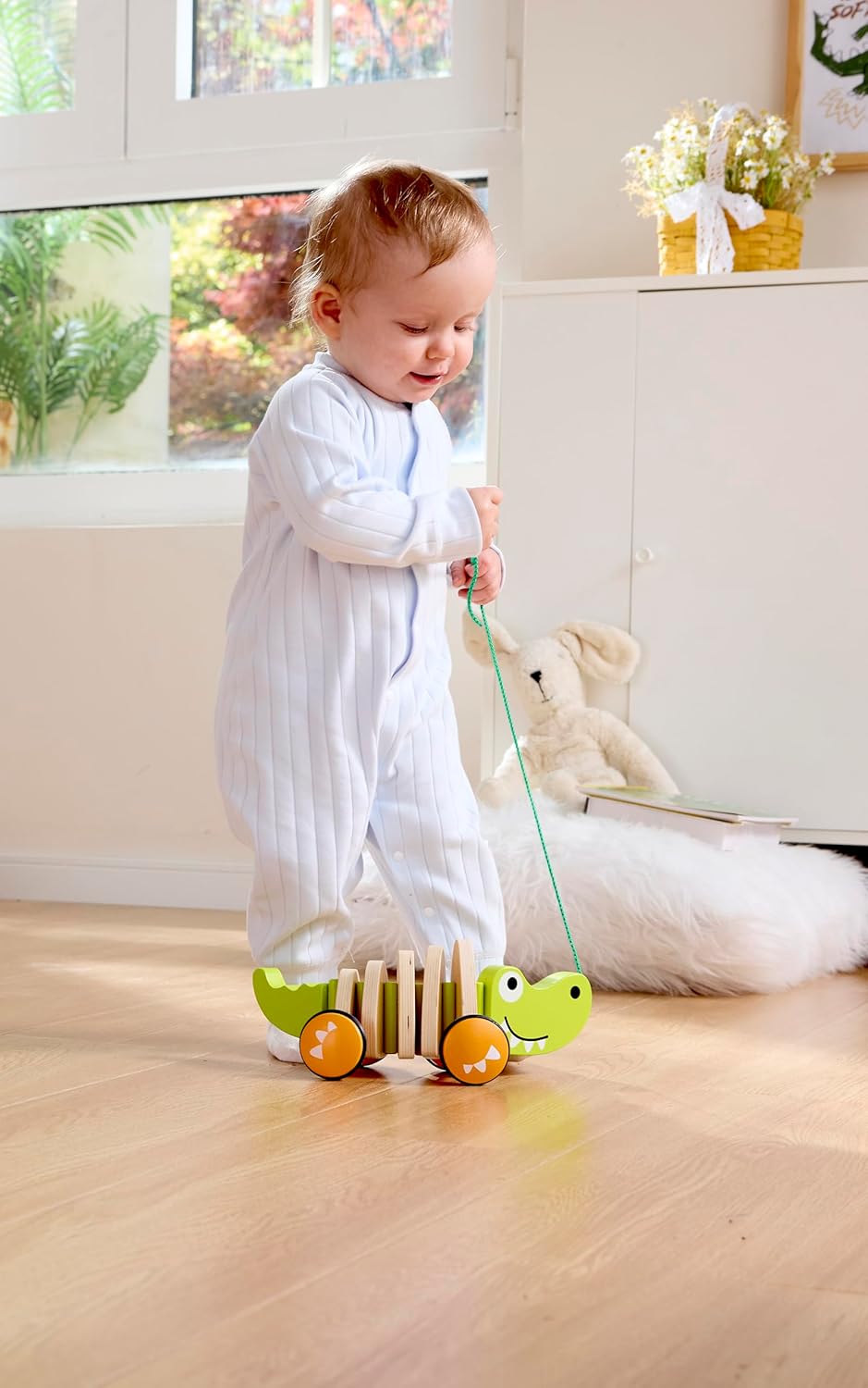 Fidtoy Crocodile Pull Along Toy Wooden Walking Toy for Toddlers