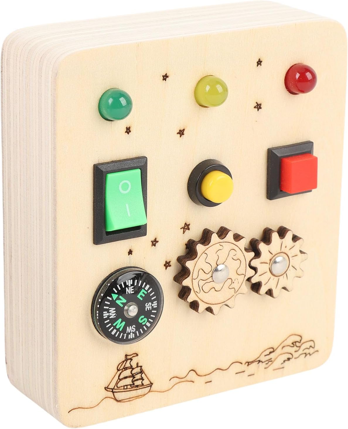 SUNGOOYUE Wooden Sensory Board Game with Light Switch and Gear Wheel Educational Toy for Kids Toddler Early Learning Activity