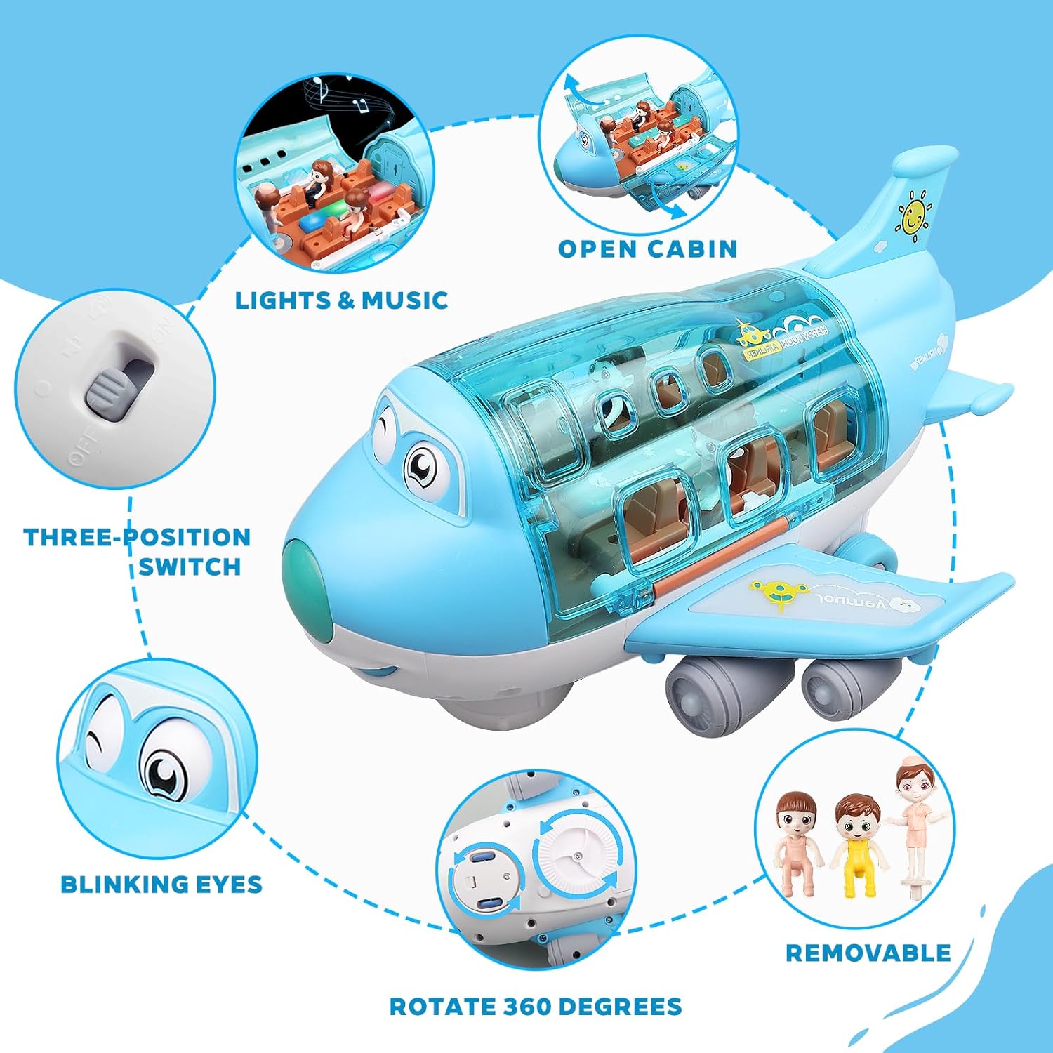 Fidtoy Musical Airplane Toy with Lights Sounds and Automatic Bump & Go Movement for Kids