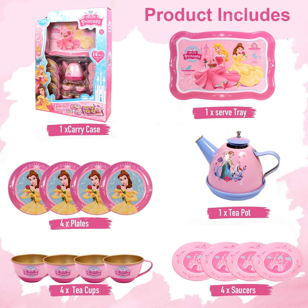Fidtoy Metal Tea Party Set for Kids Pink Pretend Play Kitchen Tea Set with Teapot Cups Saucers and Tray