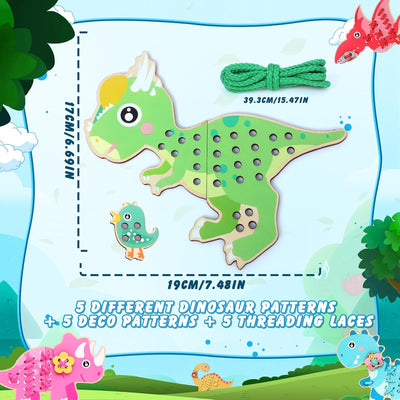 Atoylink 5 Pack Wooden Lacing Cards for Kids 3-5 Dinosaur Threading Sewing Cards Toddler Travel Toys Preschool Puzzle Game Fine Motor Skills Toys for 3 4 5 6 Year Old Christmas Birthday Gift