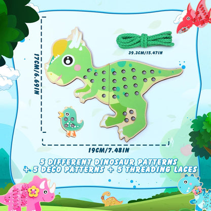 Atoylink 5 Pack Wooden Lacing Cards for Kids 3-5 Dinosaur Threading Sewing Cards Toddler Travel Toys Preschool Puzzle Game Fine Motor Skills Toys for 3 4 5 6 Year Old Christmas Birthday Gift