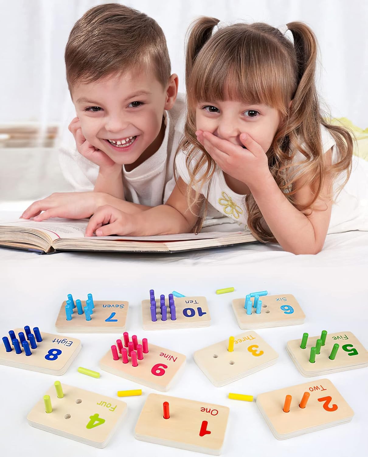 MIKNEKE Montessori Number Counting Blocks Peg Board Toys, Wooden Math Manipulative Materials for Preschool, Number Montessori Learning Toy for Toddlers & Kindergarteners (Colorful Peg)