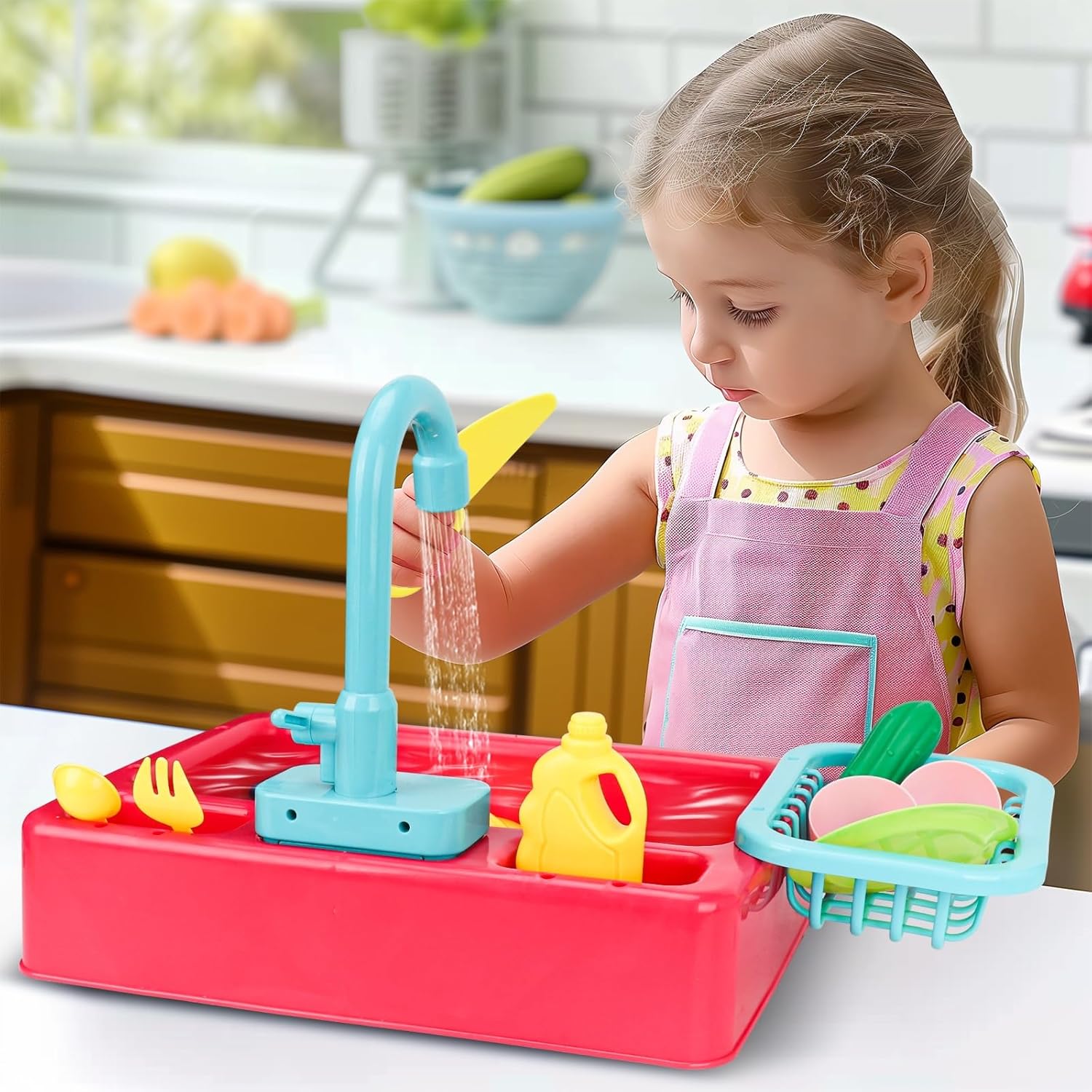 Fidtoy Play Kitchen Sink Toy with Running Water – Interactive Pretend Kitchen Playset for Kids