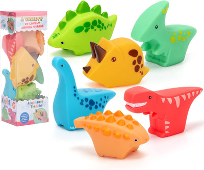 Fidtoy Soft Water Sprinkler Bath Sensory Toy 6 Pieces, Dinosaur Bath Toys for Baby and Toddler Water Play, Rubber Squeeze Floating Spray Toys for Bathtub, Grass and Beach Play