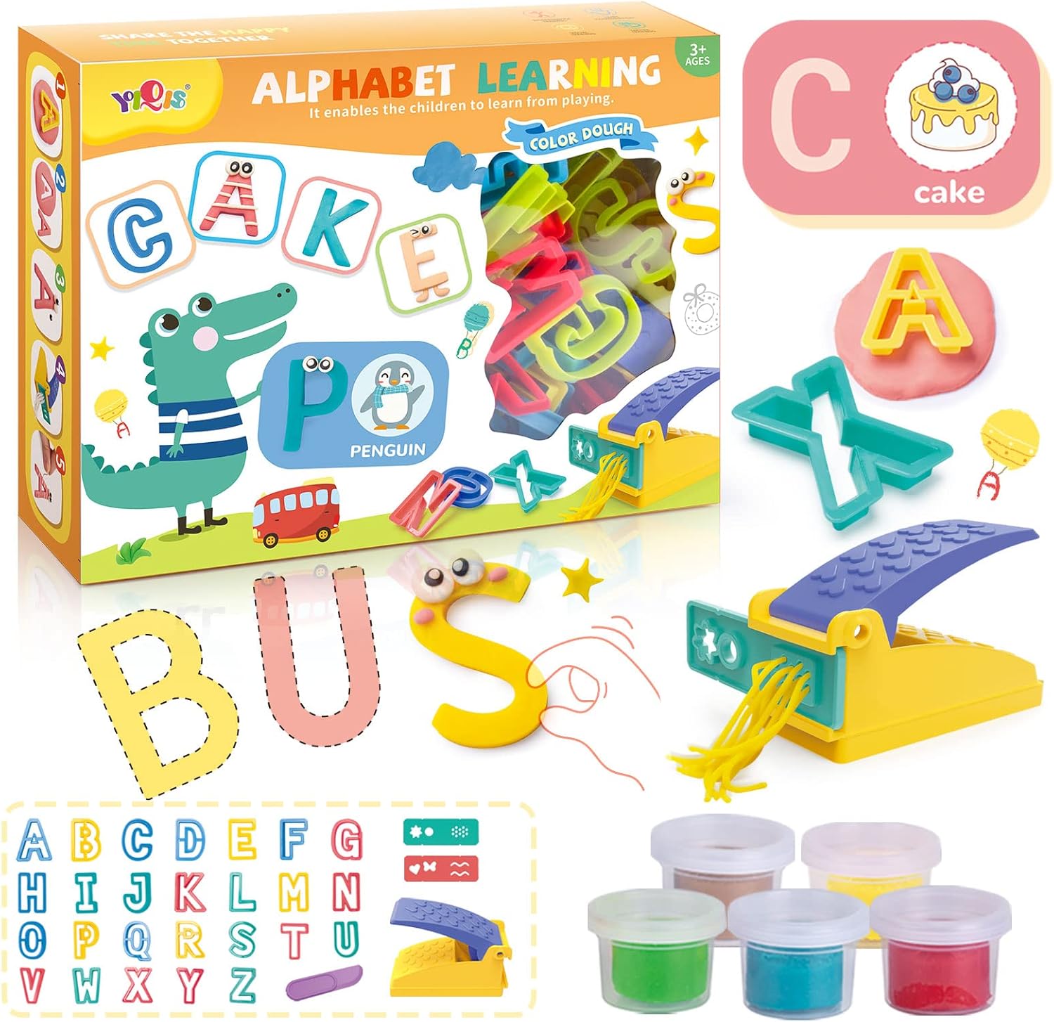 Fidtoy Alphabet Learning Soft Dough Kit for Kids, Reusable Letter Molds Play Dough Set, Preschool ABC Learning Toy for Ages 3+