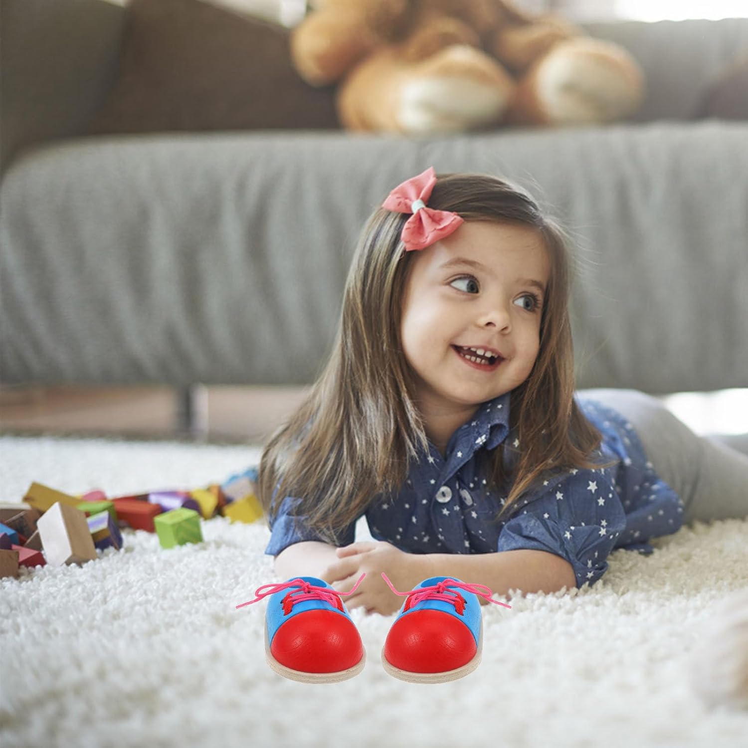 2pcs Wooden Lacing Shoe Toy Tie-up Shoelace Educational Plaything for Boy Girl Develop Fine Motor Skills and Hand-Eye Coordination Safe Natural for Ages