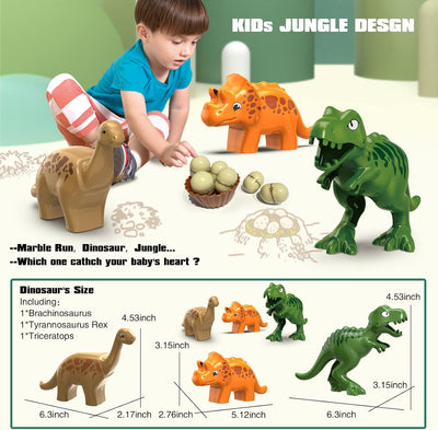 Fidtoy Dinosaur Marble Run Track Set for Kids – 125-Piece Jurassic STEM Building Toy with Dinosaur Eggs, Funnel, Marble Maze, and Creative Construction Play