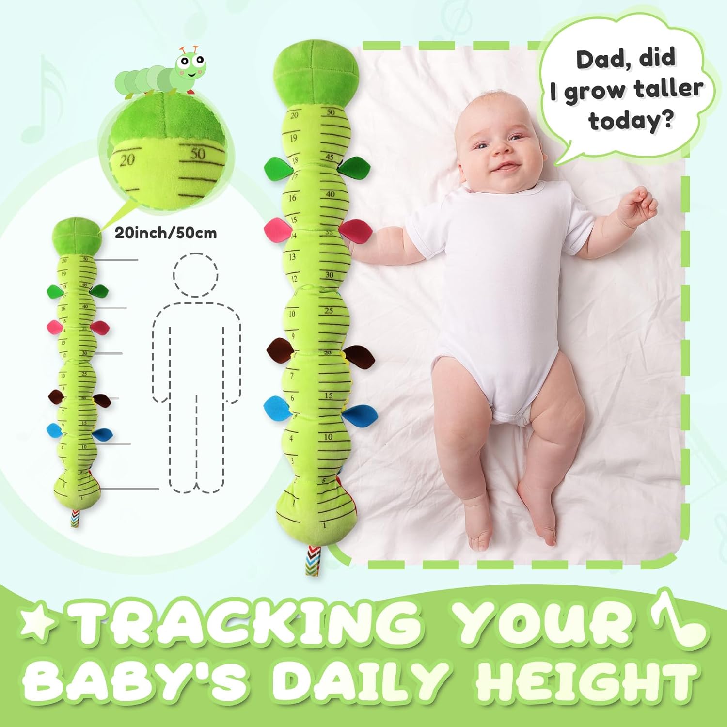 Fidtoy Musical Plush Caterpillar Baby Toy – Soft Sensory Rattle Plush with Crinkle Sounds, Squeak, Bell, Melody, and 22-Inch Growth Measure